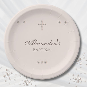 Assiettes En Carton Baptême chrétien élégant et simple de croix