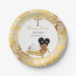 Assiettes En Carton Baptême Christening Bébé Fille Ethnique Or Argent