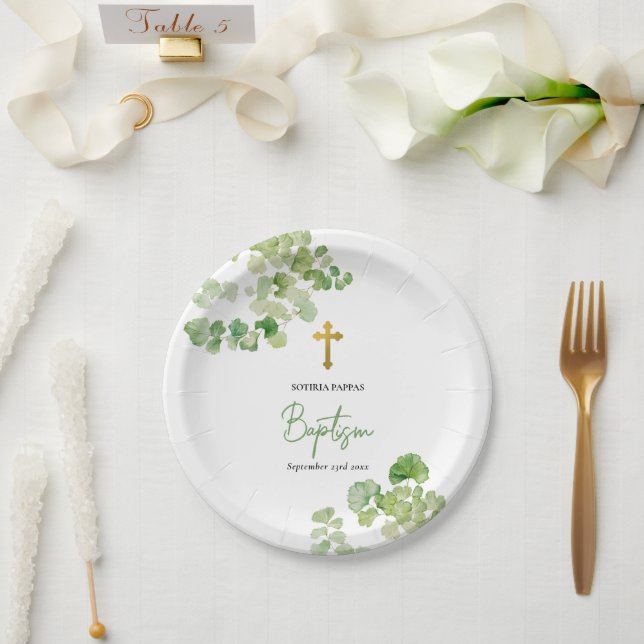 Assiettes En Carton Baptême Christening Garçon fille Aquarelle Verdure (Mariage)