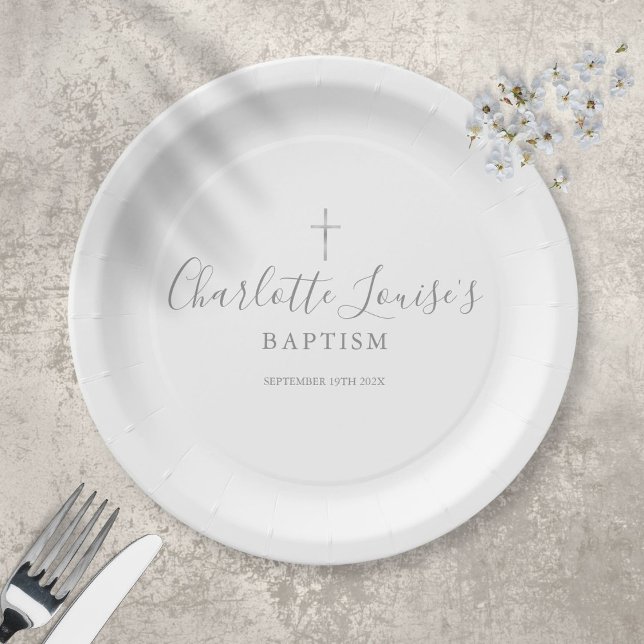Assiettes En Carton Baptême Christening Signature Argent (Créateur téléchargé)