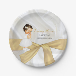 Assiettes En Carton Baptême de bébé fille Christening Or Blanc