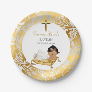 Assiettes En Carton Baptême de bébé fille ethnique Or Argent