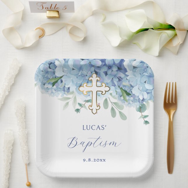 Assiettes En Carton Baptême d'Hydrangée Bleue (Mariage)