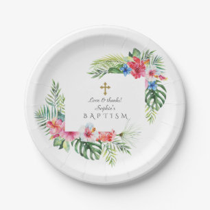 Assiettes En Carton Baptême du cadre floral tropical exotique hawaïen