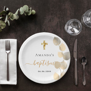 Assiettes En Carton Baptême eucalyptus doré blanc élégant