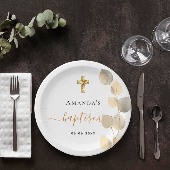 Assiettes En Carton Baptême eucalyptus doré blanc élégant (Créateur téléchargé)