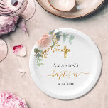 Assiettes En Carton Baptême eucalyptus rose floral fille rose or<br><div class="desc">Pour un baptême élégant, célébrer une petite fille. Un arrière - plan blanc chic. Décoré d'un or rose couleur eau et rose rose rousse et feuilles d'eucalyptus vert, sprigs, verdure, faux feuilles or. Une fausse croix d'or. Personnalisez et ajoutez le nom de l'enfant et une date. Lettres noires et dorées....</div>