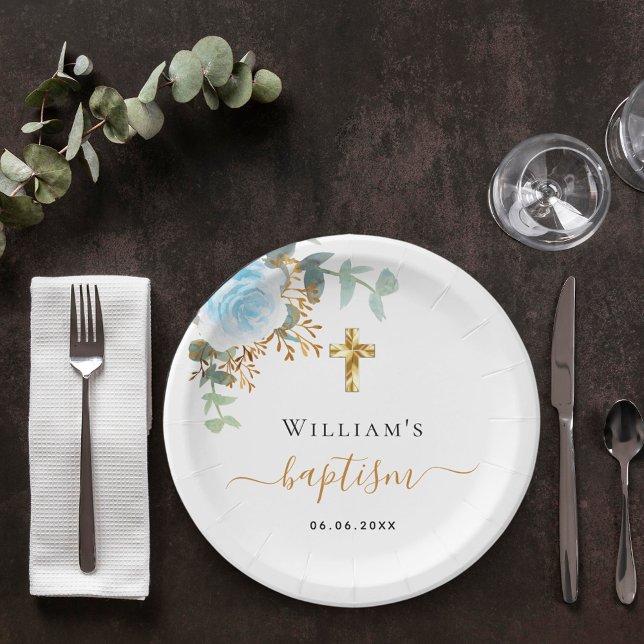 Assiettes En Carton Baptême eucalyptus verdure floral bleu garçon (Créateur téléchargé)