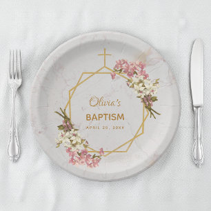 Assiettes En Carton Baptême Fille Fleurs Orchidées Marbre Doré Géométr
