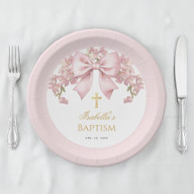 Baptême Fille Nœud Rose Floral & Croix Dorée
