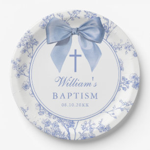 Assiettes En Carton Baptême Fleur Bleue Ancienne avec Nœud