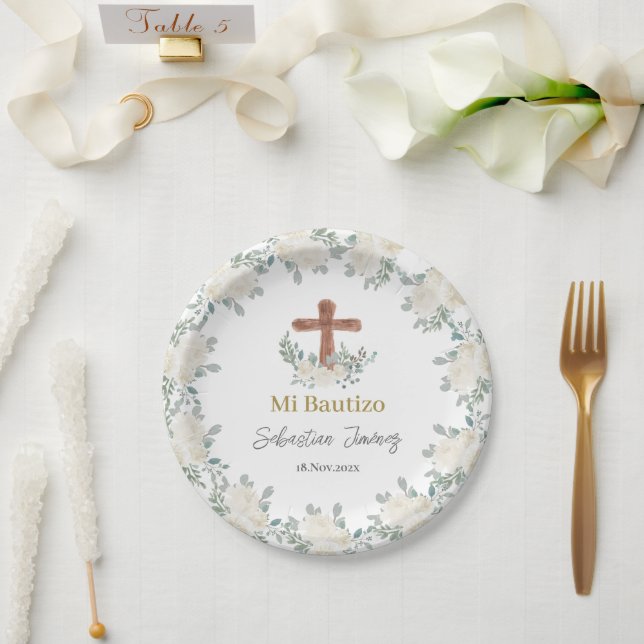 Assiettes En Carton Baptême floral blanc (Mariage)