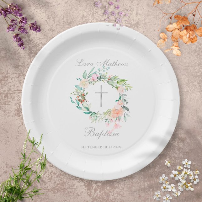Assiettes En Carton Baptême Floral Croix en Argent  (Créateur téléchargé)