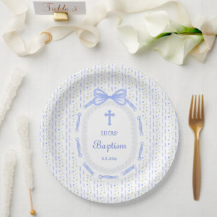 Assiettes En Carton Baptême floral de la structure en ruban bleu