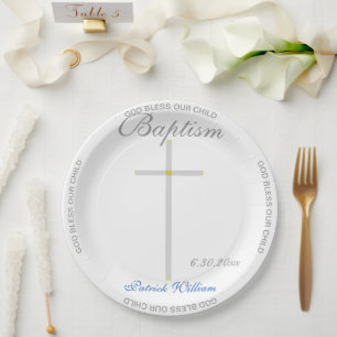 Assiettes En Carton Baptême Garçon Bleu Nom Croix d'argent