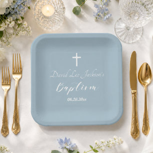 Assiettes En Carton Baptême moderne Christening Croix blanche Dusty Bl
