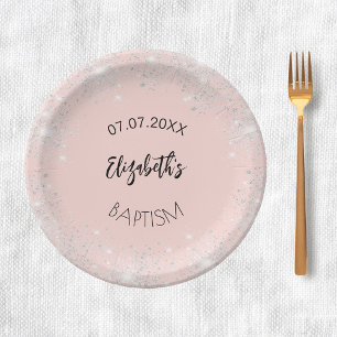 Assiettes En Carton Baptême rose or argent parties scintillant nom fil