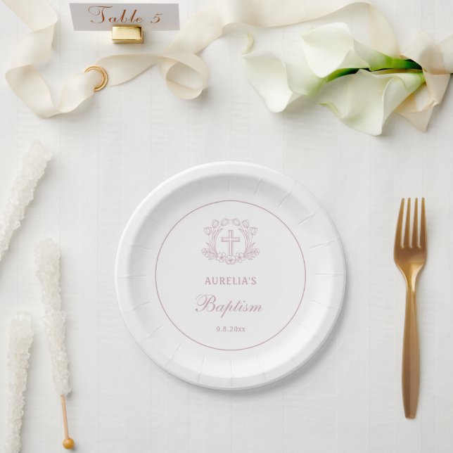 Assiettes En Carton Baptême simple de croix rose florale (Mariage)