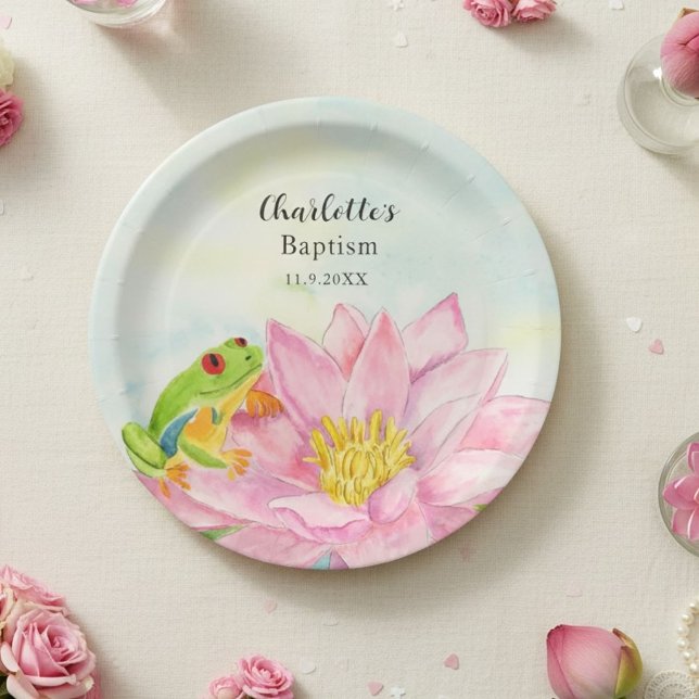 Assiettes En Carton Baptism Pink Waterlily & Tree Frog (Créateur téléchargé)