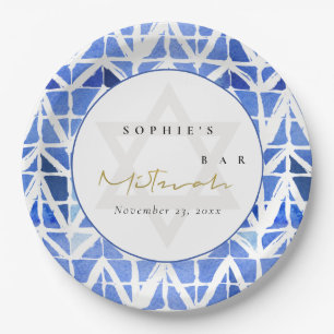 ASSIETTES EN CARTON BAR BLUE INDIGO WATERCOLOR CHEVRON BAT MITZVAH