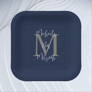 Assiettes En Carton Bar Mitzvah Blue White Grey Nom Monogramme