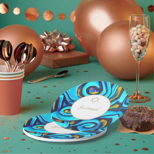 Assiettes En Carton Bar Mitzvah Motif bleu moderne juif (Multi)