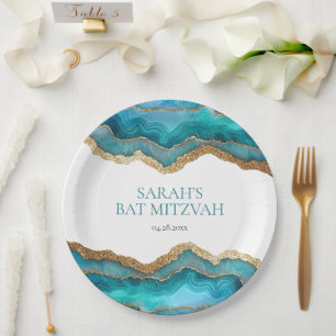 Assiettes En Carton Bar ou Bat Mitzvah Agate Or Bleu Or