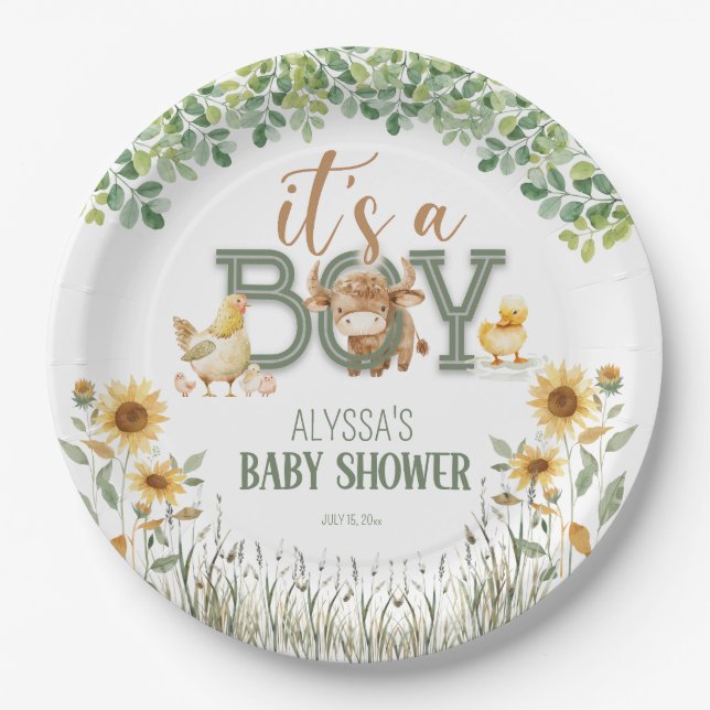 Assiettes En Carton Barnyard Animaux Baby Boy Baby shower (Devant)