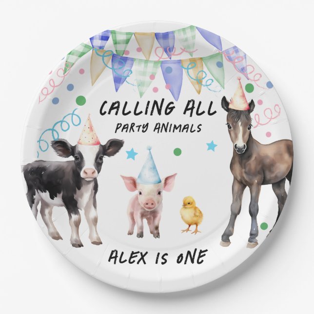 Assiettes En Carton Barnyard Farm Animaux 1er anniversaire (Devant)