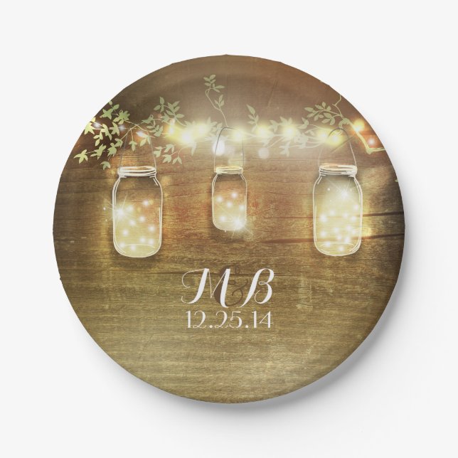 Assiettes En Carton Barres Mason et lumières à cordes rustiques (Devant)