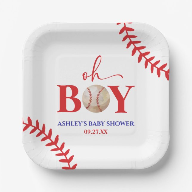Assiettes En Carton Baseball Oh Garçon Baby shower blanc Brown (Recto)