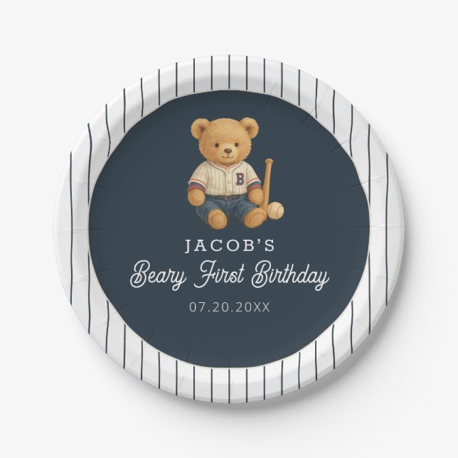 Assiettes En Carton Baseball Preppy Bear 1er anniversaire (Devant)