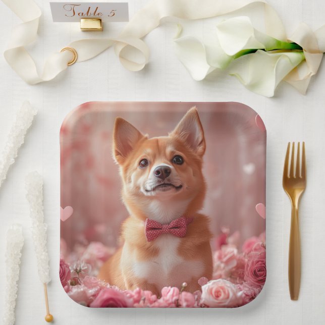 Assiettes En Carton Basenji avec Rose - Saint Valentin (Mariage)