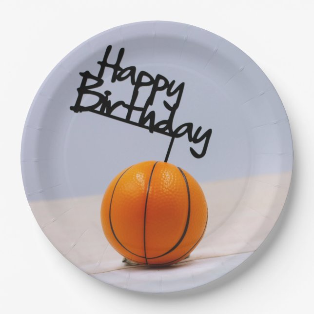 Assiettes En Carton Basket-ball avec joyeux anniversaire sur un arrièr (Devant)
