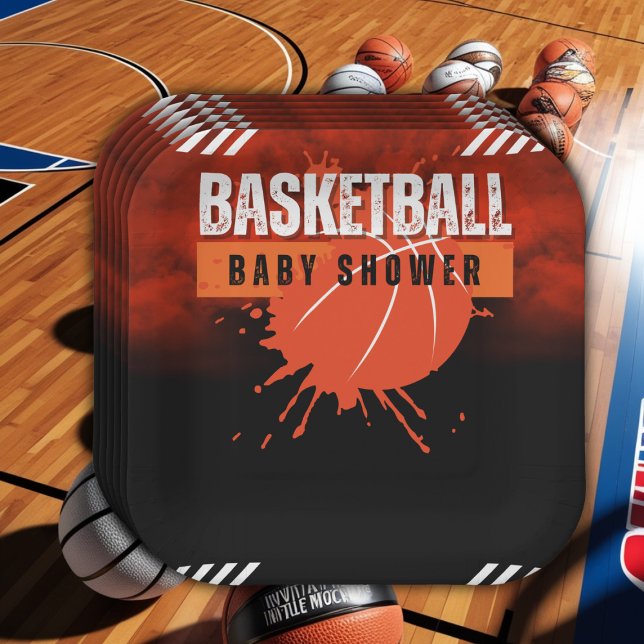 Assiettes En Carton Basket-ball moderne Orange Ball Baby shower (Créateur téléchargé)