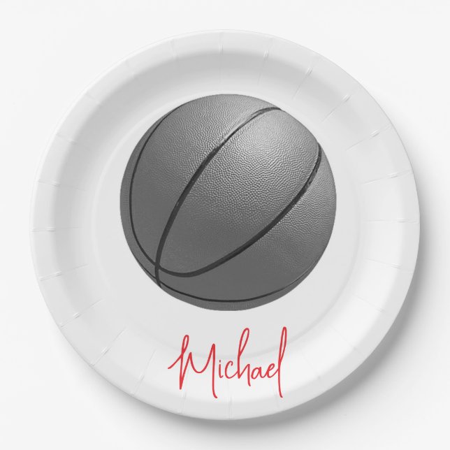 Assiettes En Carton Basket-ball noir et blanc Votre nom Personnalisé (Devant)
