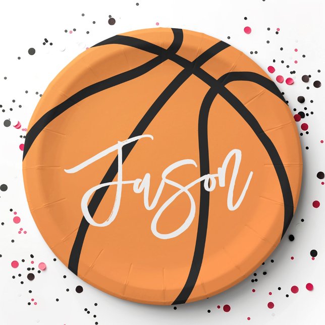 Assiettes En Carton Basket-ball noir orange nom personnalisé (Basketball black orange custom name paper plates)