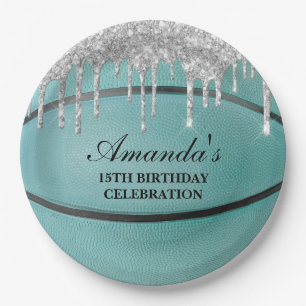 Assiettes En Carton Basketball Goutte Argent Sarcelle