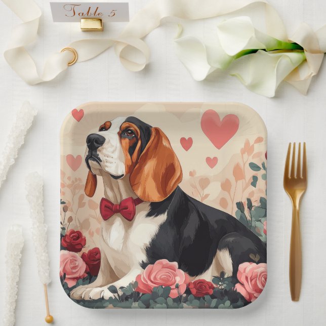 Assiettes En Carton Basset Hound avec Roses - Saint Valentin (Mariage)