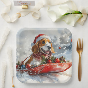 Assiettes En Carton Basset Hound Dog in Sledge Let it Neige Noël