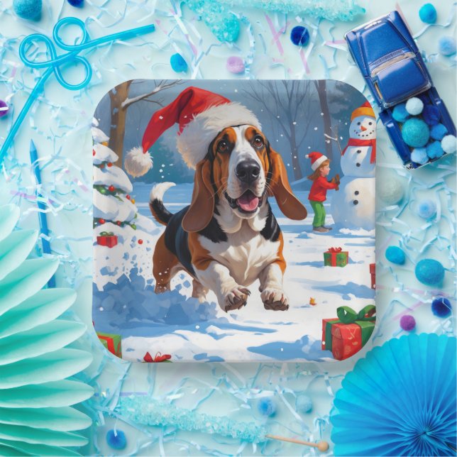 Assiettes En Carton Basset Hound Festive de Noël Scène de neige (Fête)