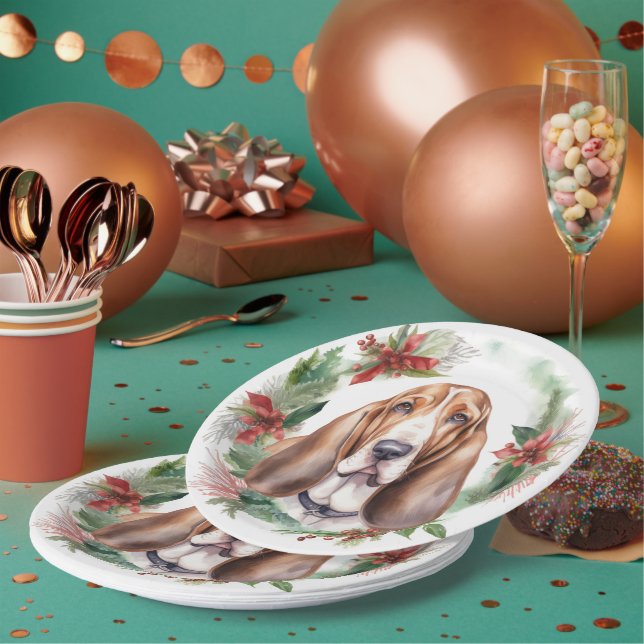 Assiettes En Carton Basset Hound Festive Wreath de Noël Pup (Multi)
