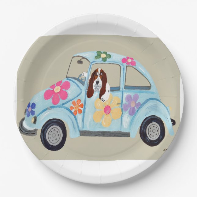 Assiettes En Carton  Basset Hound in Hippy car (Devant)