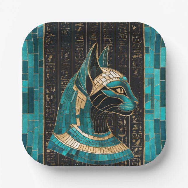 Assiettes En Carton Bastet, déesse chatte égyptienne - Art mosaïque (Recto)