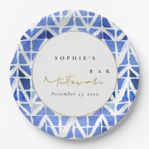 ASSIETTES EN CARTON BAT MITZVAH BAR CHEVRON BLEU INDIGO WATERCOLOR