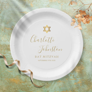 Assiettes En Carton Bat Mitzvah, Bar Mitzvah Élégant écriture dorée