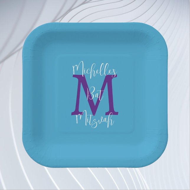 Assiettes En Carton Bat mitzvah Sky Blue Purple Blanc Nom Monogramme (Créateur téléchargé)