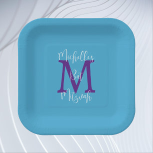 Assiettes En Carton Bat mitzvah Sky Blue Purple Blanc Nom Monogramme