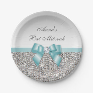 Assiettes En Carton Bat mitzvah turquoise de paillettes d'argent d'arc