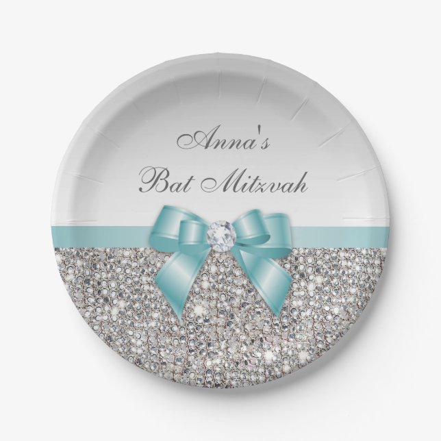 Assiettes En Carton Bat mitzvah turquoise de paillettes d'argent d'arc (Devant)